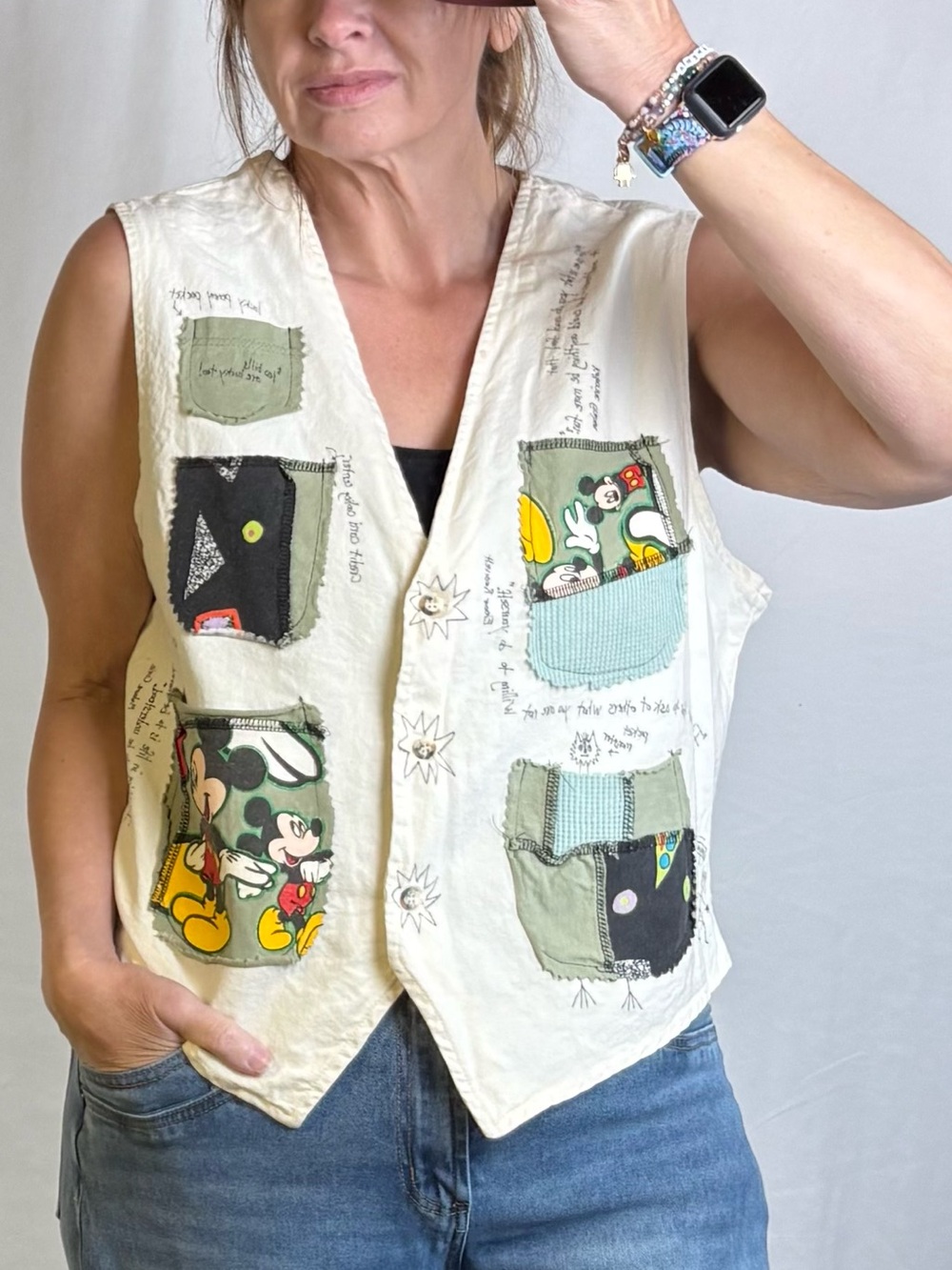 Women's Cream Patchwork Mickey Vest with Cartoon Pockets